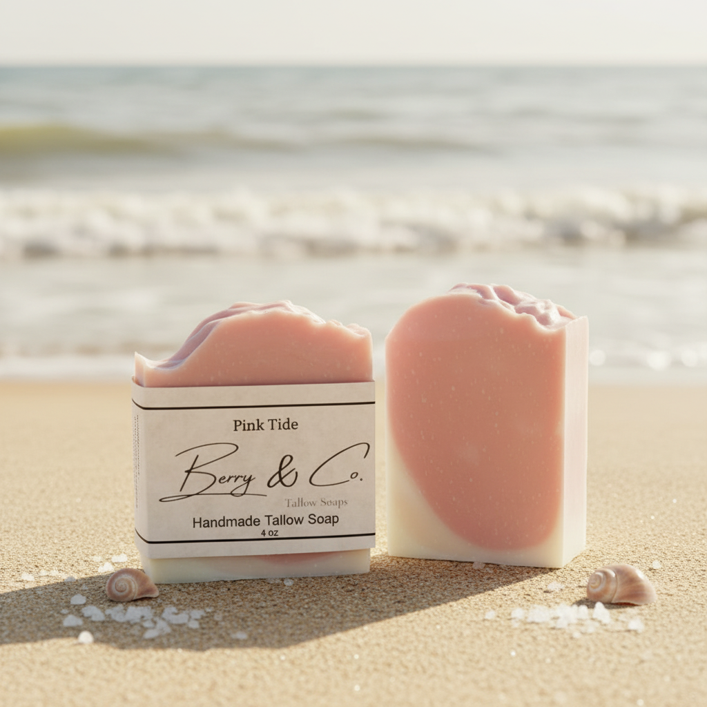 Pink Tide handmade tallow soap bars on beach sand