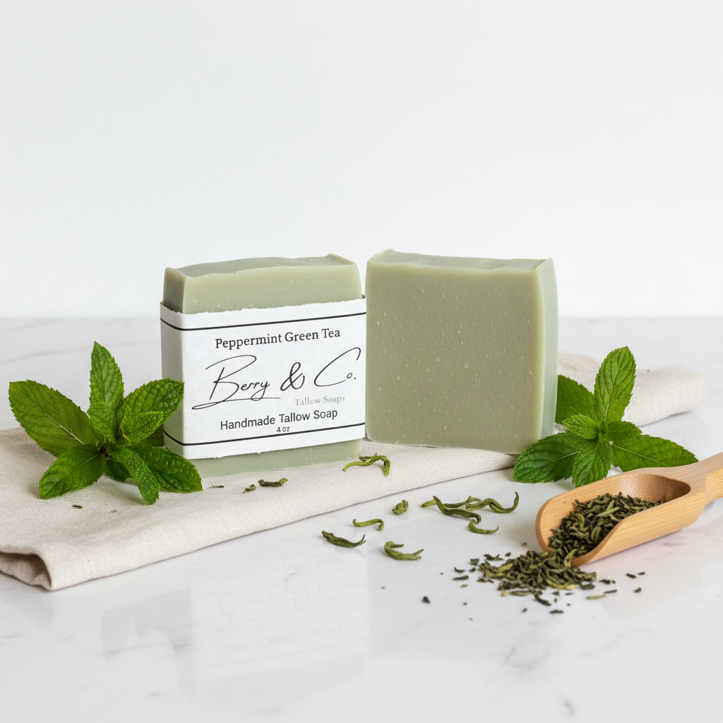 Peppermint Green Tea handmade tallow soap bars by Berry & Co. with fresh mint leaves and loose green tea
