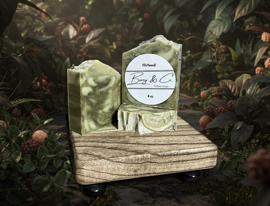 Flirtwood Tallow Soap by Berry & Co. — green swirled bars with botanical background