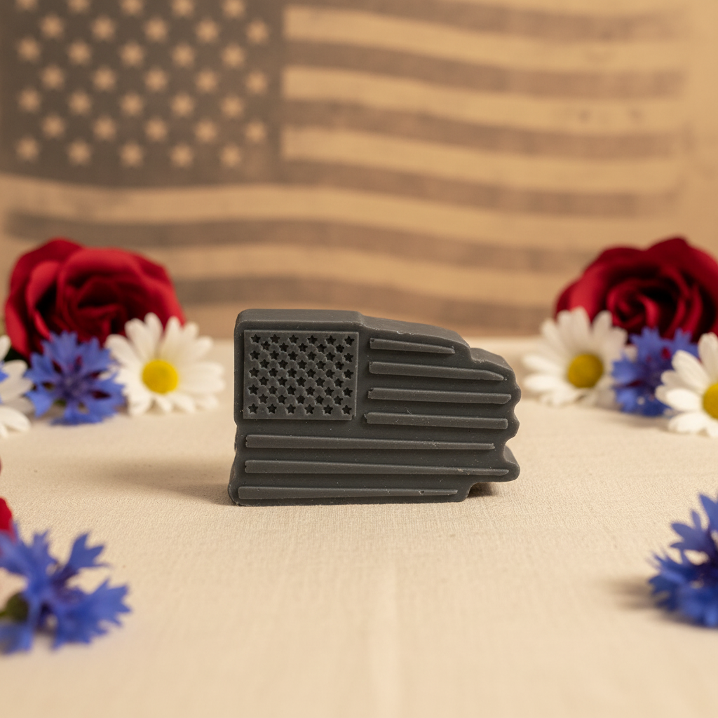 Stealth Mode all-black American flag tallow soap with patriotic flowers